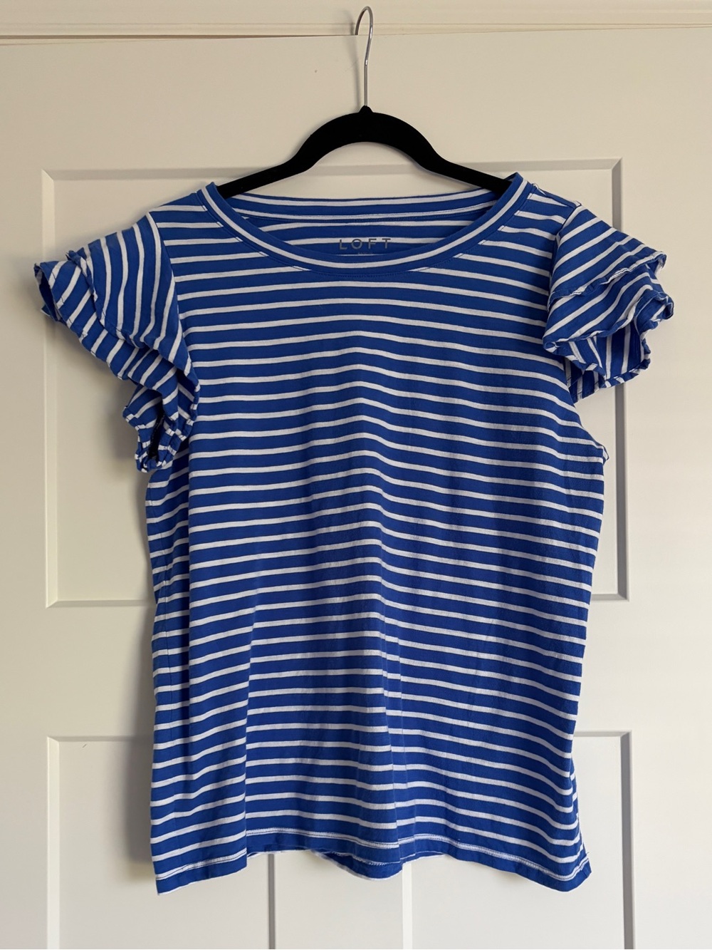 LOFT Royal Blue and White Striped Ruffle Sleeve Tee